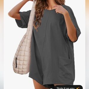 Gray Oversized T-Shirt Romper with Pockets
